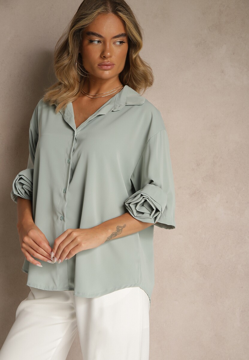 Jasnozielona Koszula Ozdobiona Kwiatami 3DTenisela