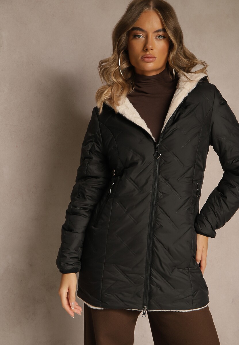 Czarno-Beżowa Dwustronna Kurtka z Kapturem Pikowanymi Przeszyciami i Futerkiem Rossalea