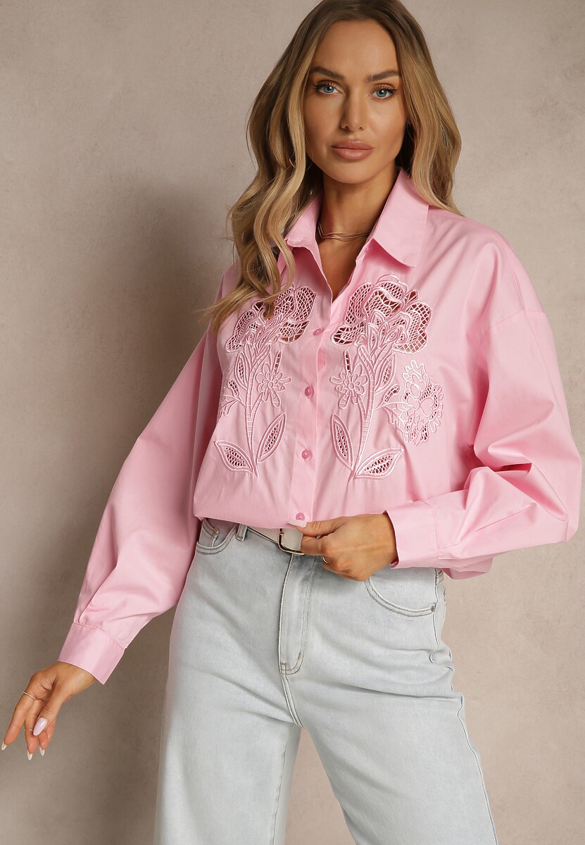 Jasnoniebieska Koszula Oversize z Bawełny z Ażurowymi Zdobieniami z Motywem Kwiatowym Voesia