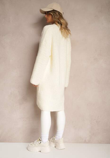 Jasnobeżowy Kardigan Bez Zapięć Zdobiony Luźnym Splotem i Wsuwanymi Kieszeniami Calineth