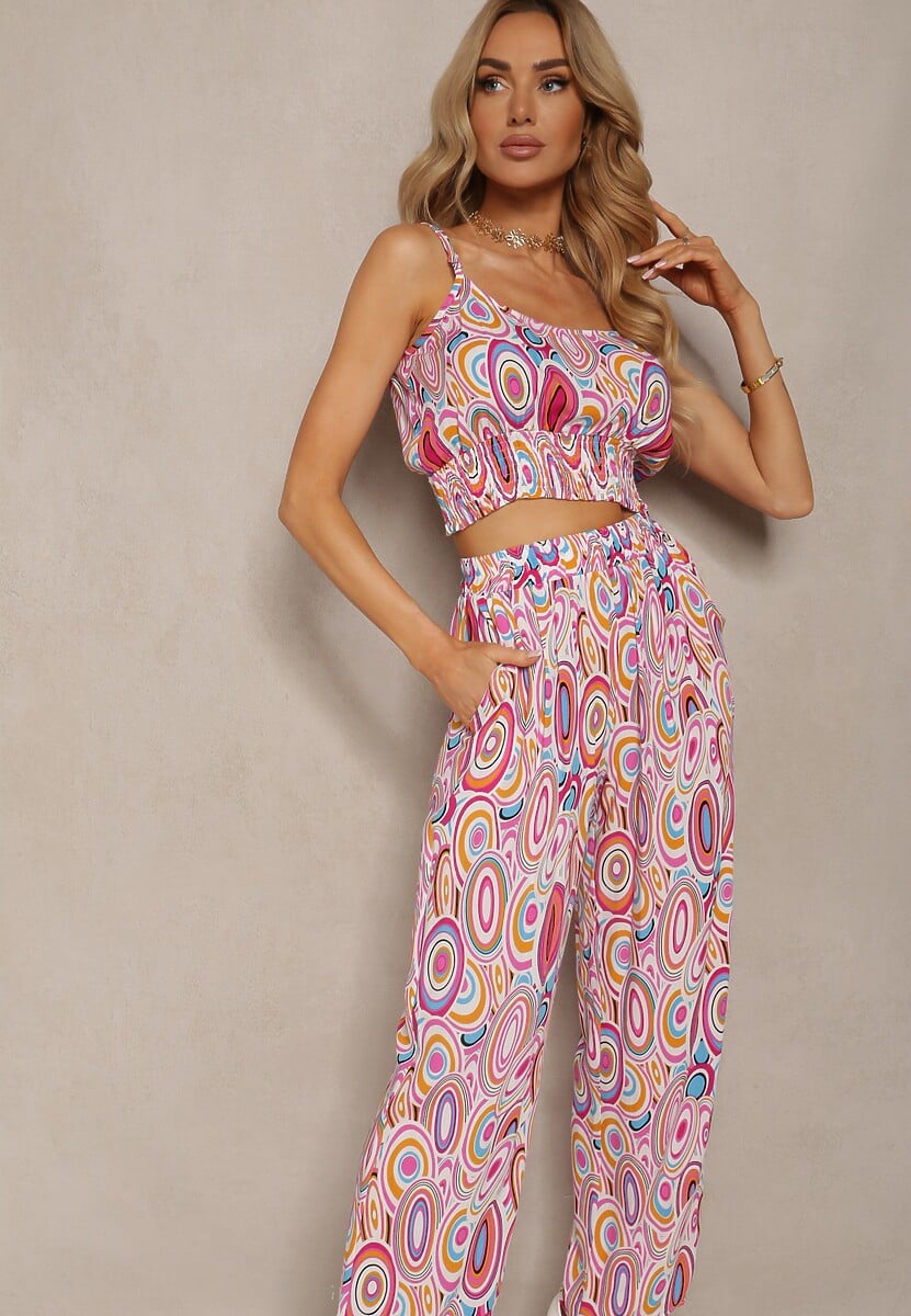 Niebieski Wiskozowy Komplet Boho Krótki Top na Ramiączkach Długie Spodnie z Nogawkami Palazzo Miteri