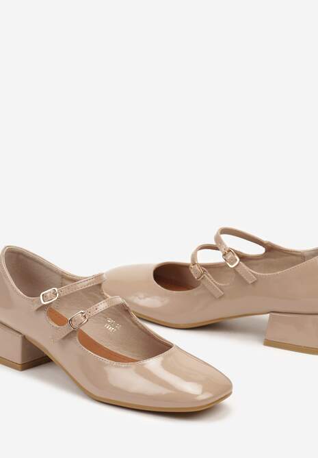 Ciemnobeżowe Lakierowane Czółenka na Niskim Słupku ze Sprzączkami Nevsha