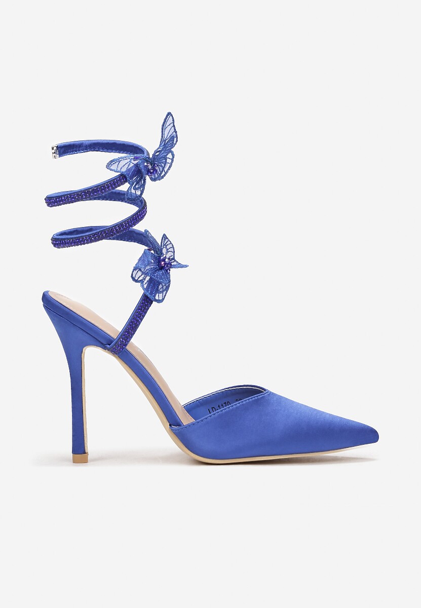 Niebieskie Sandały na Szpilce z Cyrkoniami i Motylkami Eevi