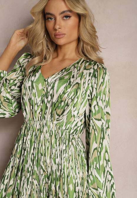 Zielona Rozkloszowana Sukienka Maxi z Gumką w Pasie Ozdobiona Abstrakcyjnym Wzorem Raliven