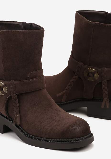 Brązowe Botki Bikery z Guzikiem i Sznurkami Alissarie