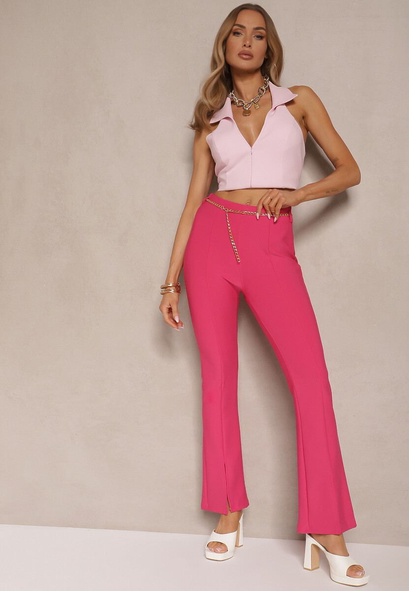 Beżowe Materiałowe Spodnie Dzwony z Ozdobnym Łańcuszkiem Amelana