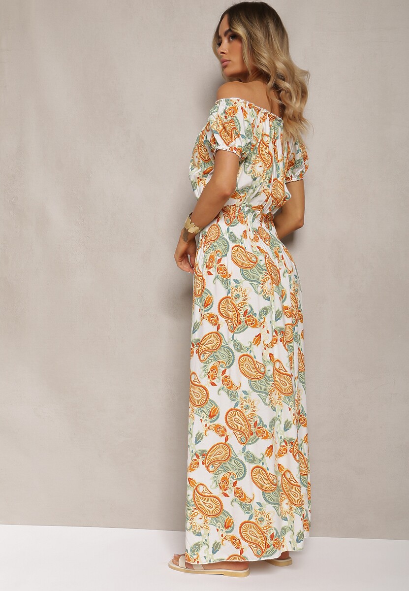 Biało-Pomarańczowa Sukienka z Bawełny z Gumką w Talii Baletta