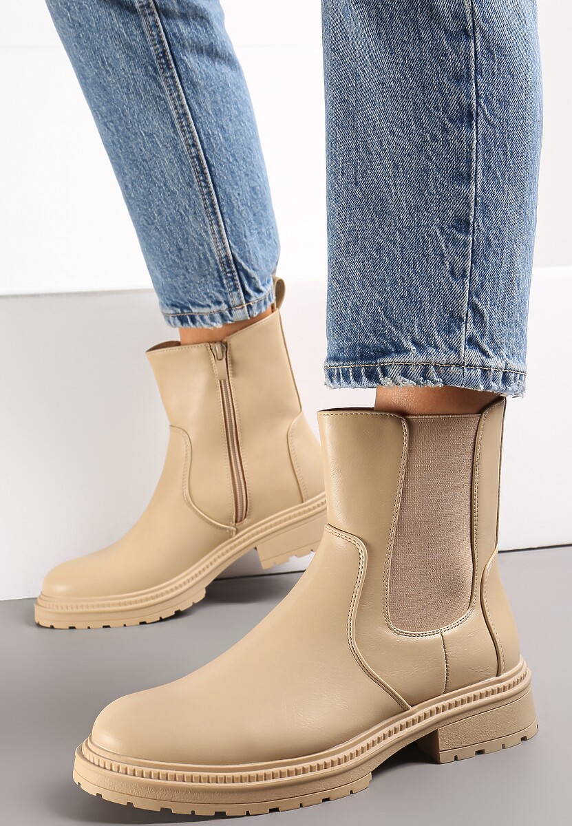 Beżowe Botki z Elastyczną Wstawką z Boku Cholewki Berwena