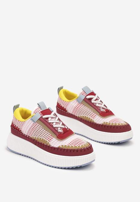 Bordowe Sneakersy na Platformie Wykończone Przeszyciami Terionna