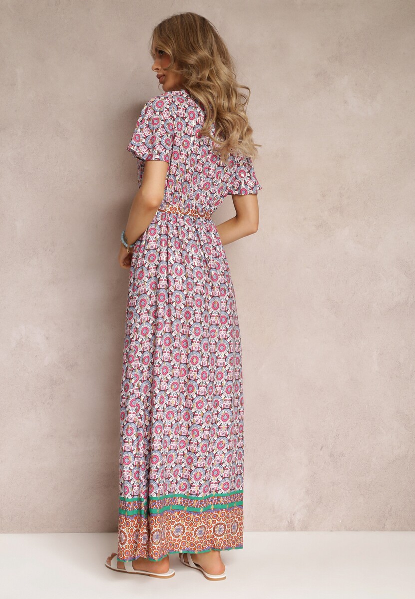 Różowa Sukienka Maxi z Paskiem i Gumką w Talii w Ornamentalny Wzór Calvim