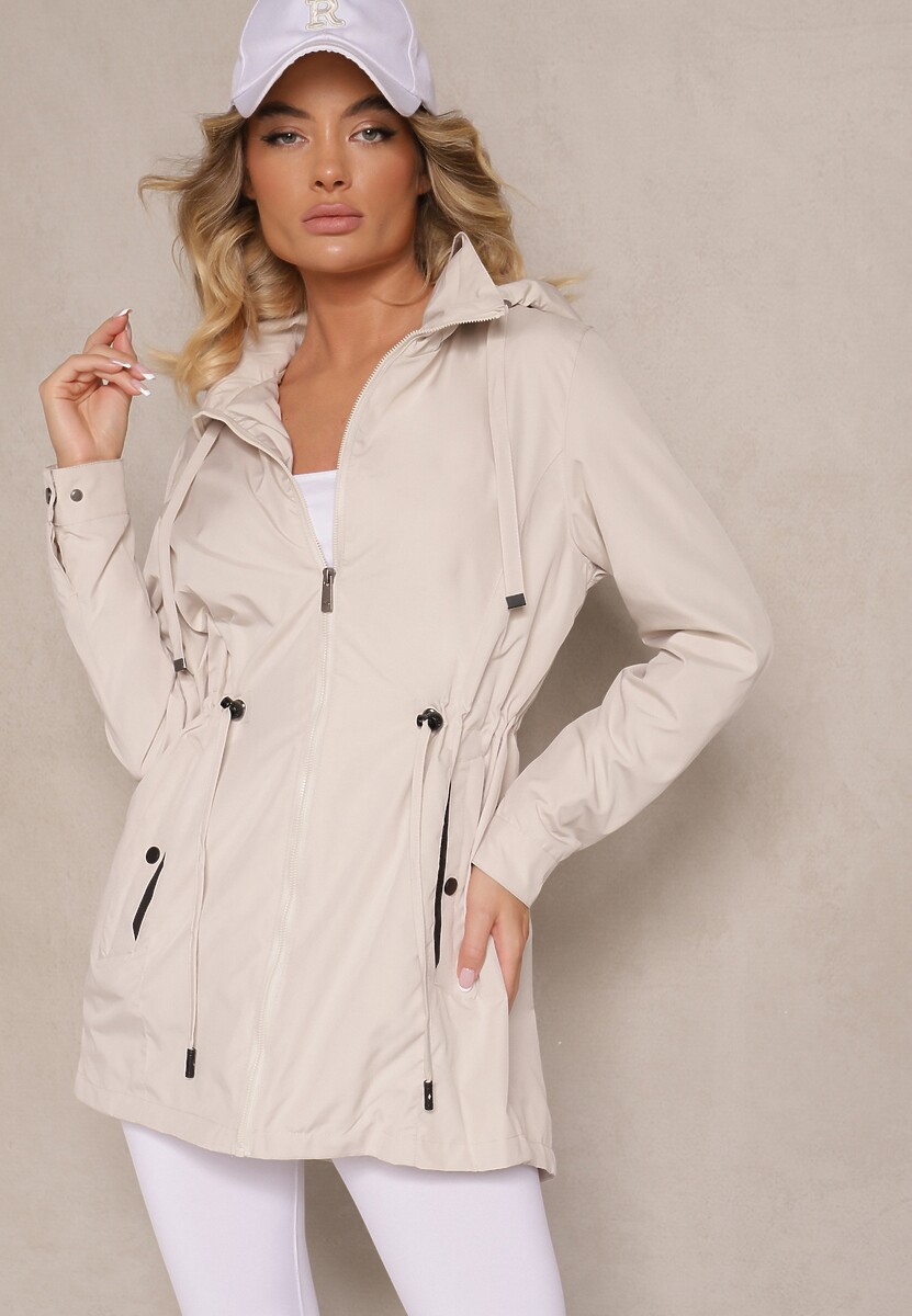 Jasnobeżowa Przejściowa Kurtka o Fasonie Parki ze Ściągaczem w Talii Zolidi