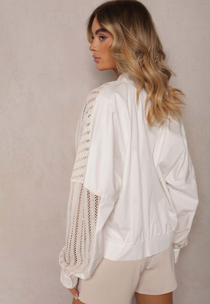 Jasnobeżowa Bawełniana Kurtka Bomberka o Ażurowym Wykończeniu Dimonias