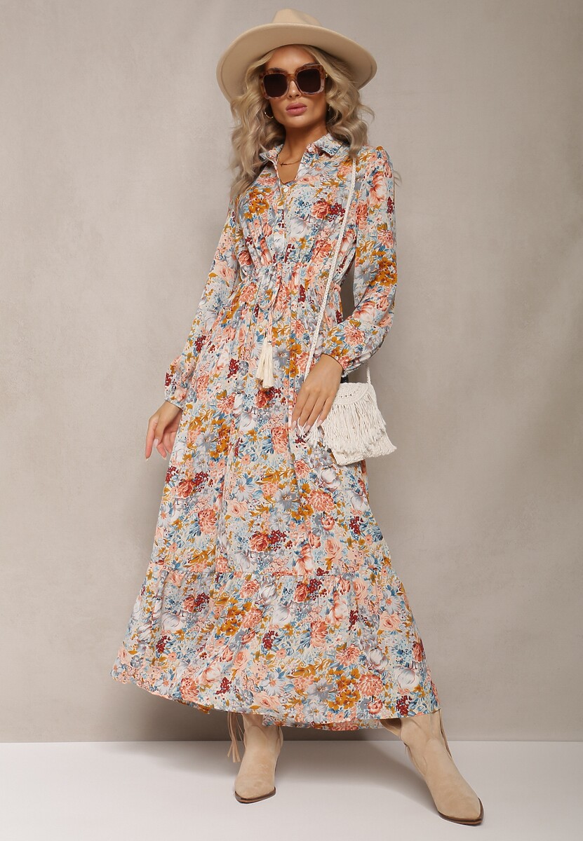 Jasnoniebieska Sukienka Rozkloszowana w Kwiaty Rotu