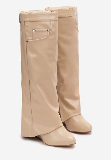 Beżowe Kozaki z Wywiniętą Cholewką na Koturnie Maranele