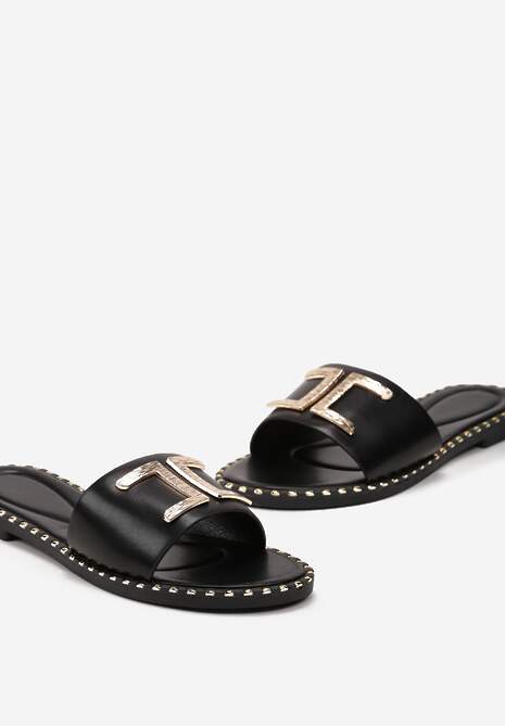 Czarne Klapki ze Złotą Wstawką na Cholewce i Nitami wokół Podeszwy Xyrissa