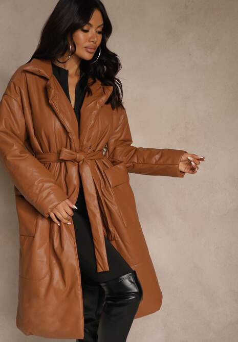Brązowy Płaszcz z Imitacji Skóry z Wiązanym Paskiem Tosha