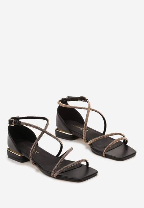 Czarne Sandały Ozdobione Cyrkoniami i Wkładką ze Skóry Naturalnej Edwamima