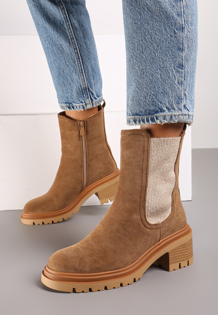 Ciemnobeżowe Botki na Słupku w Stylu Sztybletów z Elastyczną Gumką Ciandra