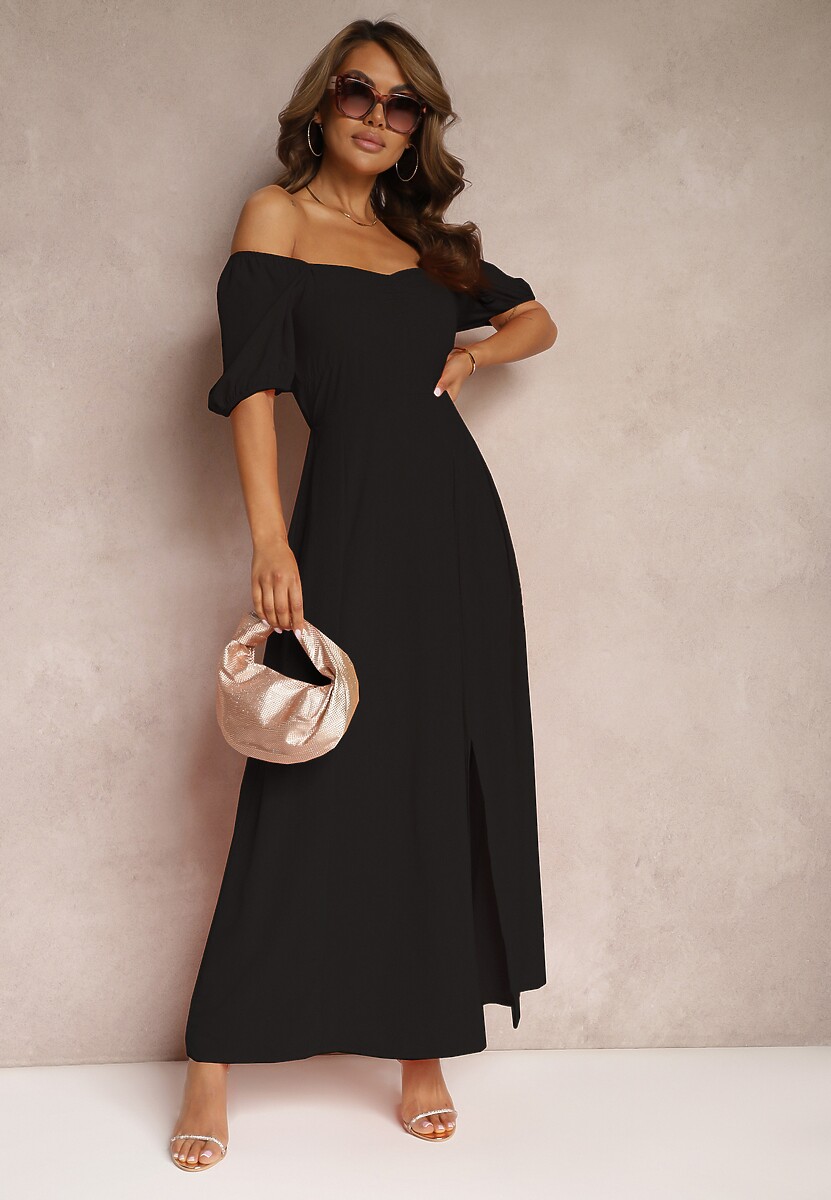 Czarna Sukienka Wieczorowa z Hiszpańskim Dekoltem i Rozcięciem Vikiya