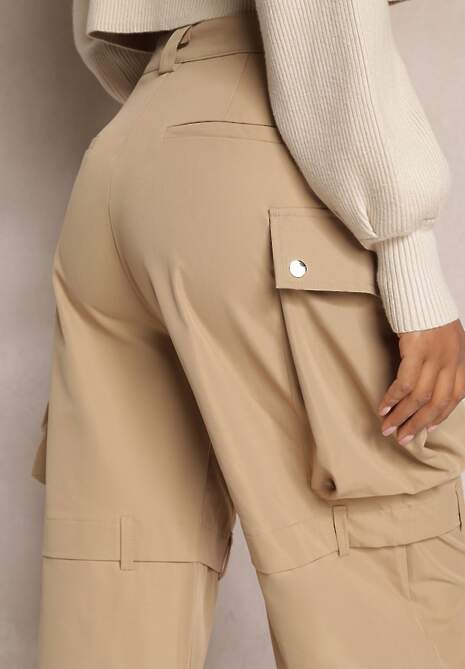 Beżowe Szerokie Spodnie High Waist w Stylu Cargo Vomisal
