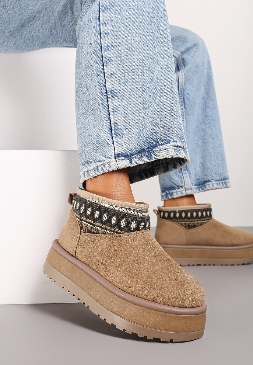 Ciemnobeżowe Śniegowce na Wysokiej Platformie Ozdobione Wzorzystą Wstawką Sinalora