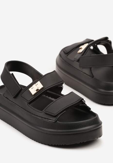 Czarne Sandały na Niskiej Platformie z Zapięciem na Rzep Sepinne