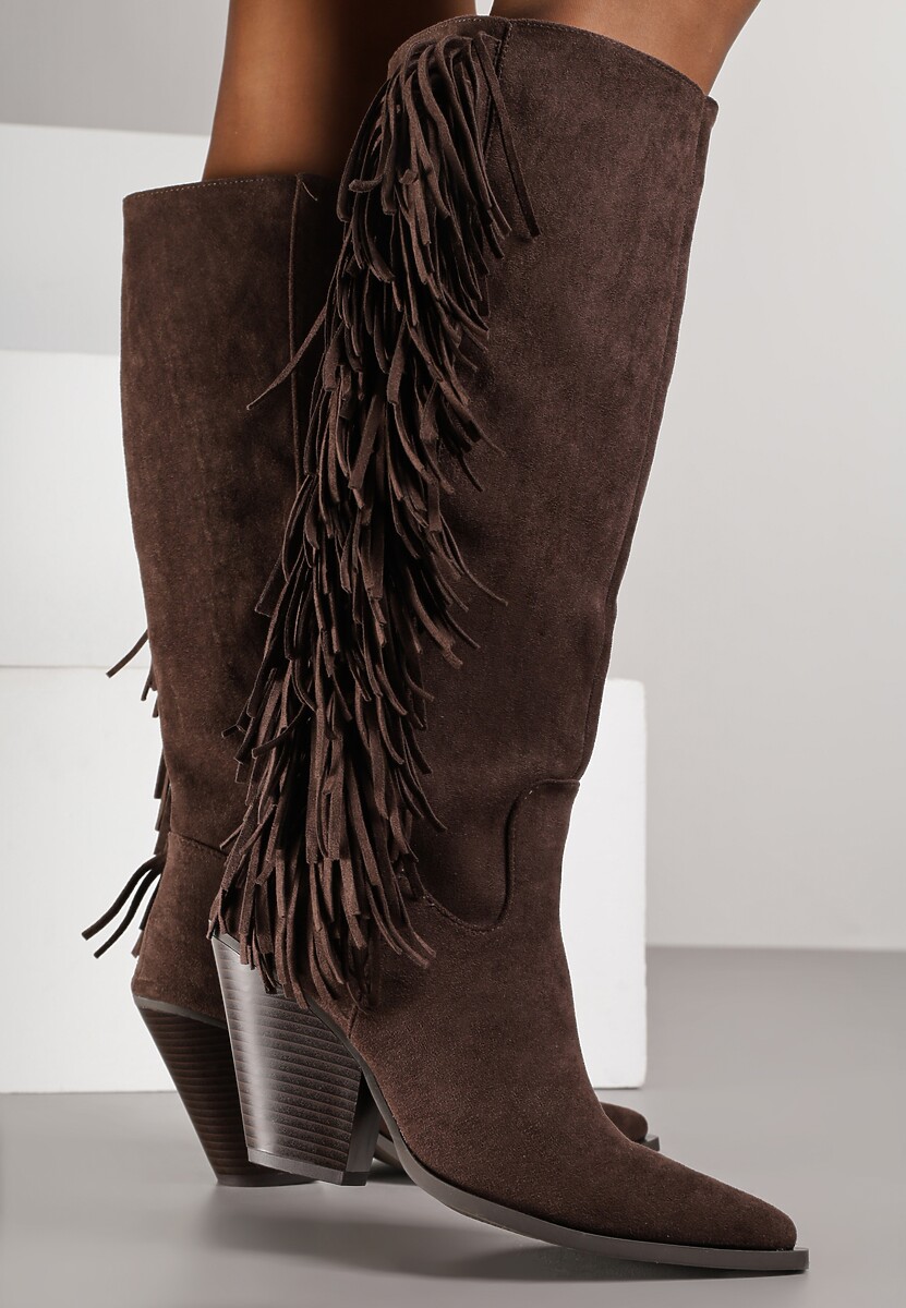 Ciemnobrązowe Kozaki Kowbojki z Imitacji Zamszu z Frędzlami i Stożkowym Obcasem Rafilea