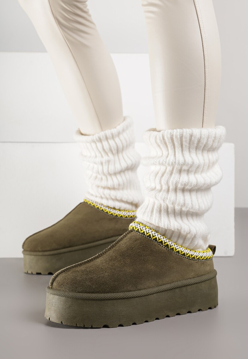 Zielone Śniegowce na Platformie z Niską Cholewką i Haftowanym Wzorem Zivilae