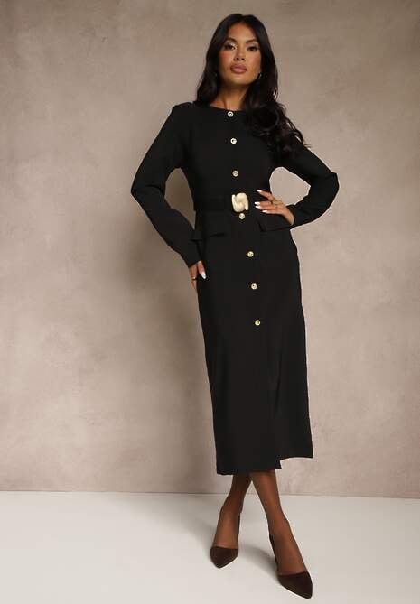 Czarna Taliowana Sukienka z Eleganckimi Guzikami i Metaliczną Klamrą Espedia