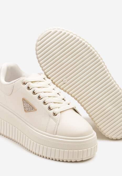 Beżowe Sneakersy na Tłoczonej Platformie Zdobione Metaliczną Aplikacją Fidania