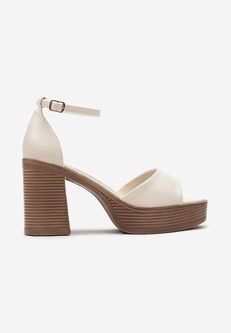 Beżowe Sandały z Imitacji Skóry na Słupku i Platformie z Regulowanym Paskiem Telliamay