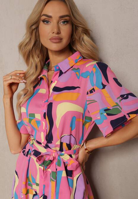 Różowa Koszulowa Sukienka w Abstrakcyjny Print z Materiałowym Paskiem w Talii Archbia