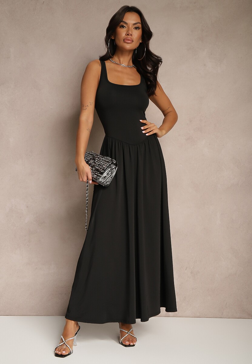 Czarna Rozkloszowana Sukienka z Wiskozą i Kwadratowym Dekoltem Ravvia