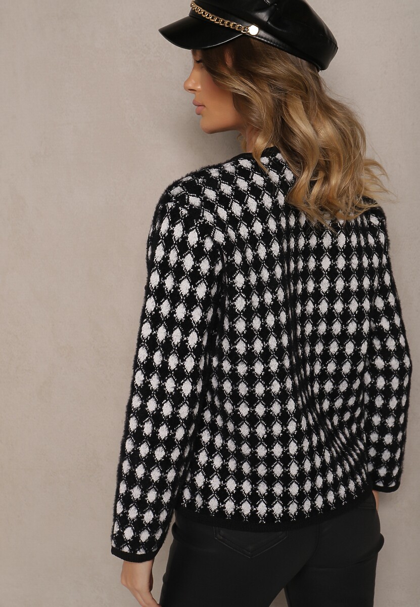 Czarny Wiskozowy Kardigan Ozdobiony Wzorem w Pepitkę i Guzikami Saveri