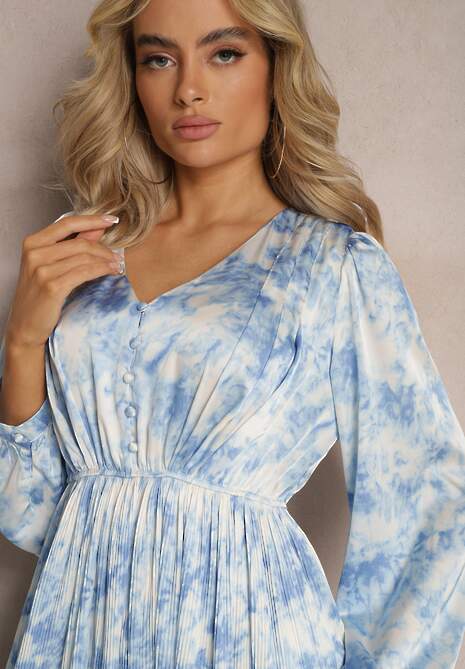 Jasnoniebieska Maxi Sukienka o Rozkloszowanym Fasonie z Guzikami Savienna