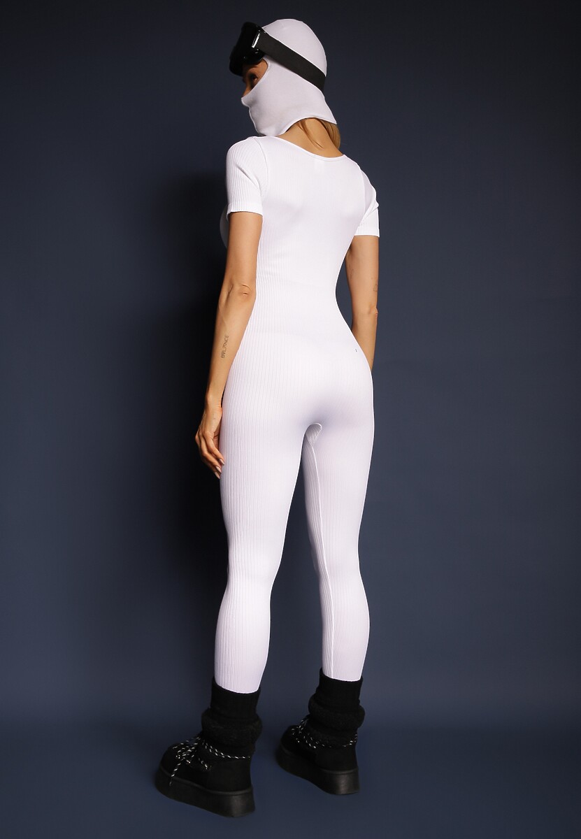 Biały Prążkowany Kombinezon Bodycon z Długimi Nogawkami i Krótkimi Rękawami Vittone