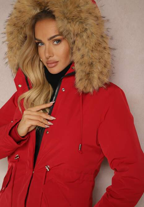 Bordowa Kurtka Parka Mocno Ocieplana z Futerkiem przy Kapturze z Możliwością Odpięcia Sialthira