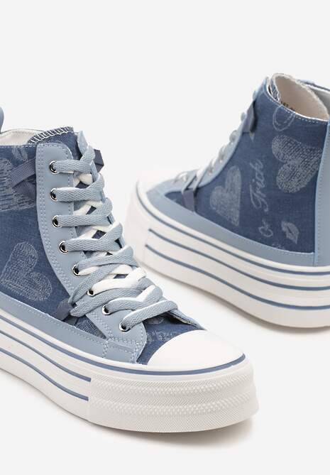 Niebieskie Trampki na Platformie z Wysoką Cholewką i Wzorem Serc Aviriss