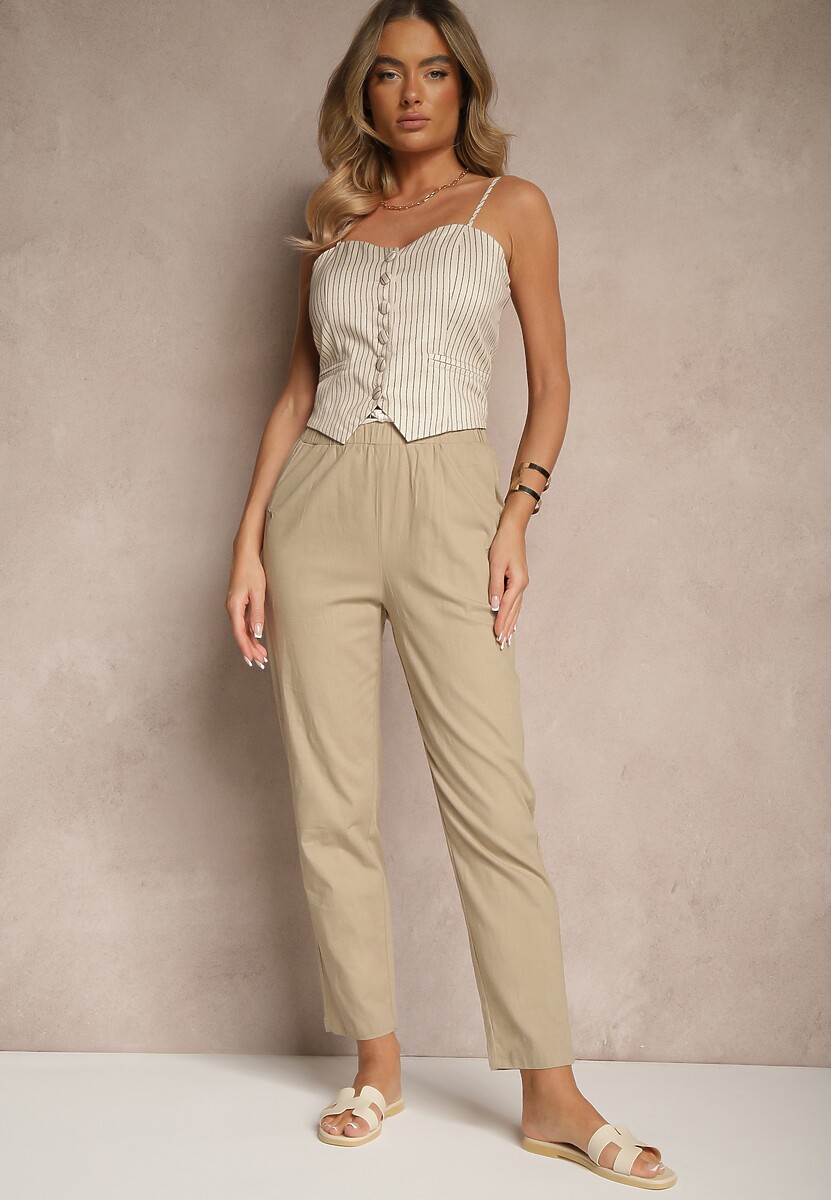 Zielone Bawełniane Spodnie ze Sznurkami Fenarlia