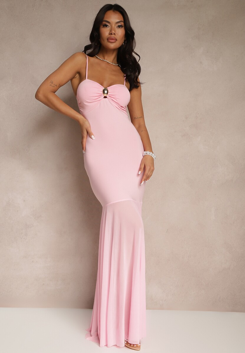 Różowa Sukienka na Ramiączkach z Wiskozą z Siateczkowym Zdobieniem Savorielle