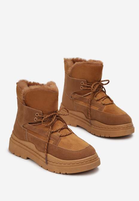 Brązowe Śniegowce na Platformie z Dekoracyjnym Wiązaniem i Futerkiem Cynra