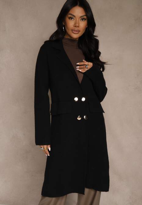 Czarny Płaszcz Dwurzędowy o Długim Kroju w Eleganckim Stylu Saratusa