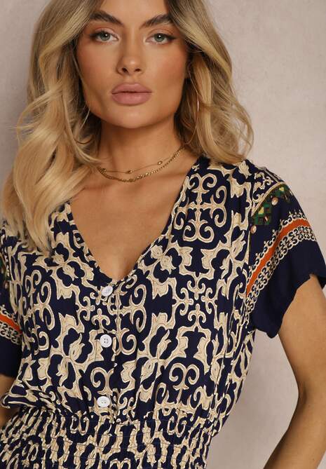 Granatowa  Sukienka z Bawełny z Trójkątnym Dekoltem i Gumką w Talii Zapinana na Guziki Lavlea