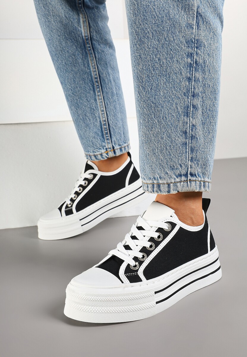 Czarne Trampki na Niskiej Platformie Ozdobione Cyrkoniami Felelith