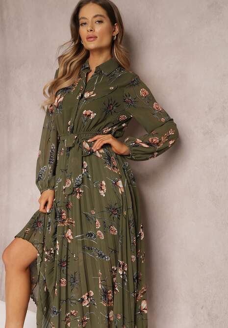 Ciemnozielona Sukienka Plisowana w Kwiaty Emiranda