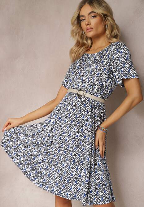 Niebieska Wiskozowa Sukienka o Rozkloszowanym Fasonie z Ornamentalnym Wzorem Jasminas