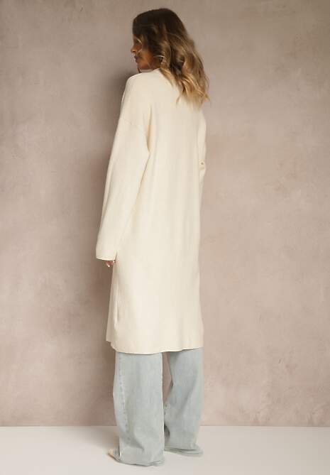 Jasnobeżowy Rozpinany Elegancki Kardigan z Wiskozą Ozdobiony Guzikami Arovira