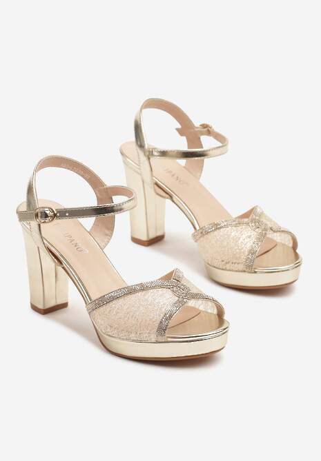 Złote Sandały na Słupkowym Obcasie z Cyrkoniowymi Zdobieniami Wilvia