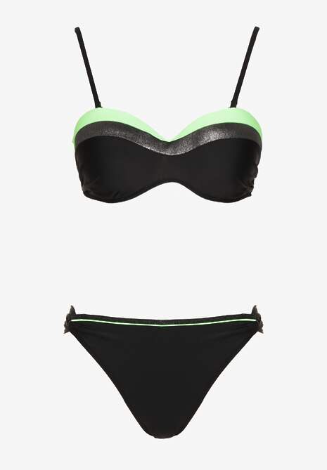 Zielono-Czarne Bikini z Metaliczną Nicią Usztywniany Biustonosz i Figi Mitelle