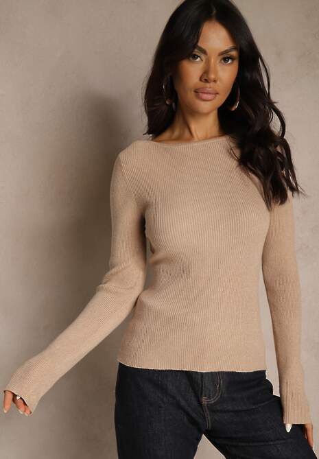 Beżowy Sweter z Wiskozą Ozdobiony Metaliczną Nitką Liatolla